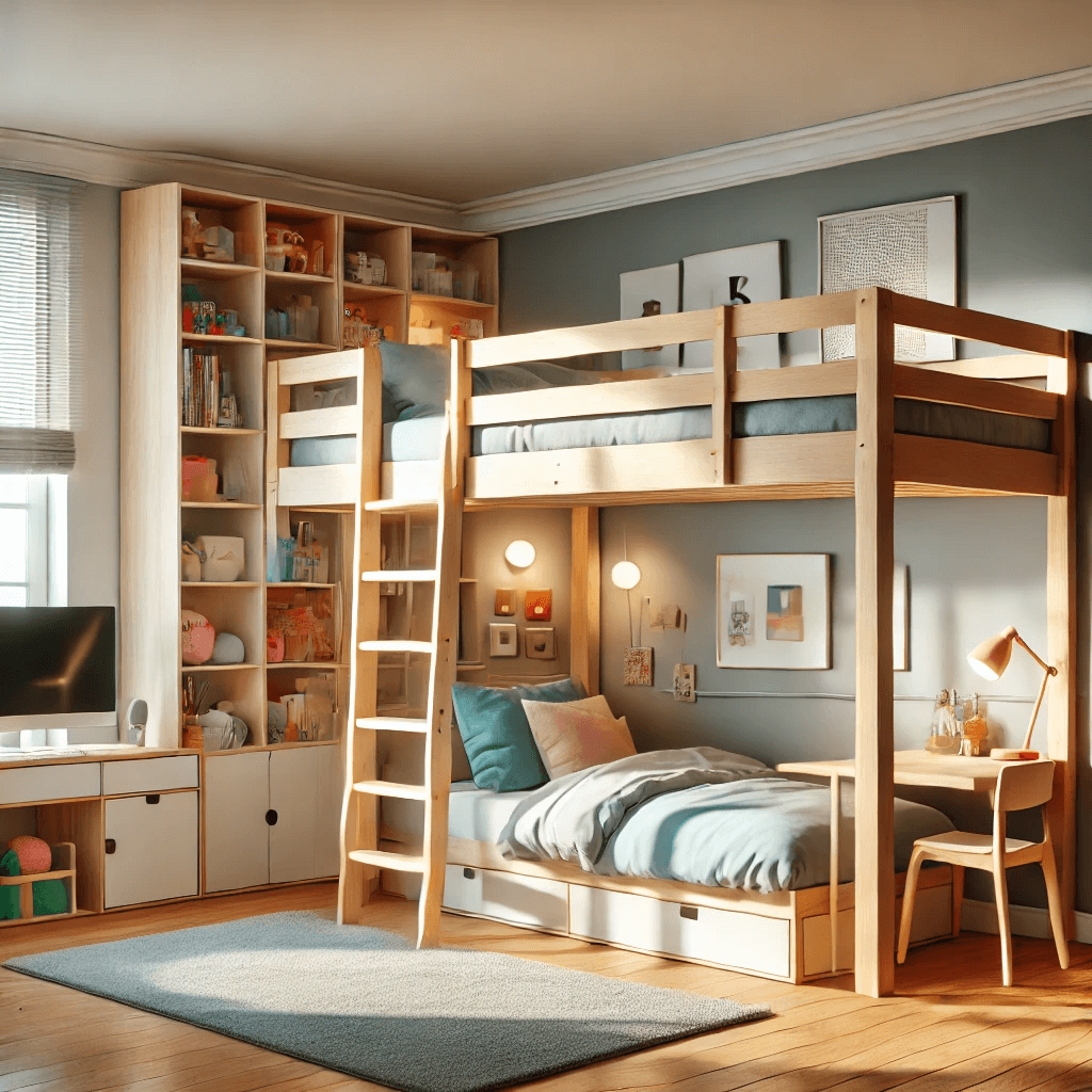 Een licht en sfeervol interieur met een hoogslaper, een bureau, kledingkasten en een wand van boekenplanken, verlicht door wandlampen.