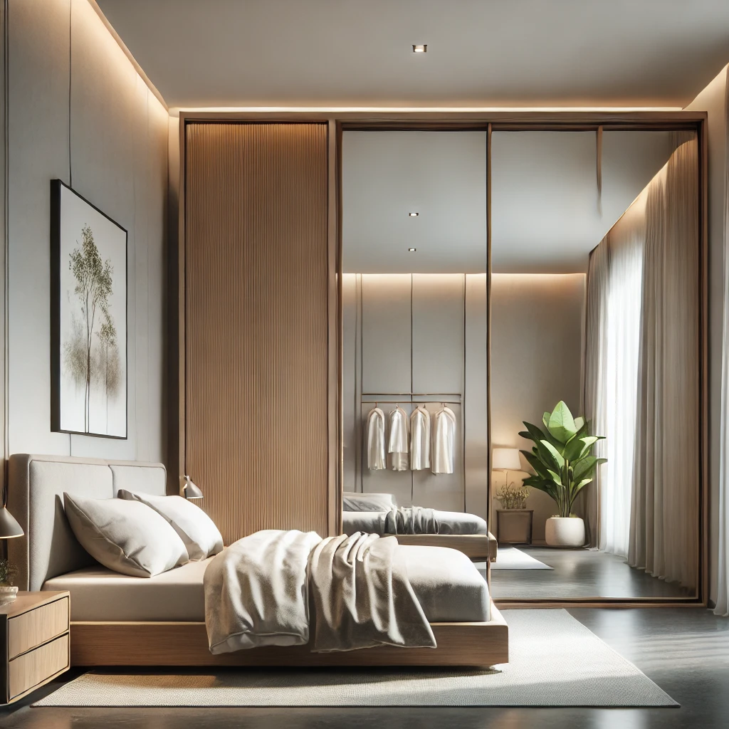 Een stijlvolle moderne slaapkamer met een houten bed, decoratieve planten, en een spiegelkast die de ruimte open en licht maakt.