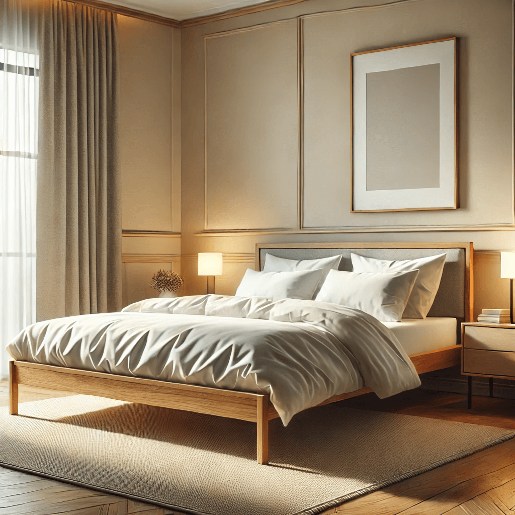 Rustgevende en stijlvolle slaapkamer met een houten bed, zachte beddengoed, en warme verlichting.